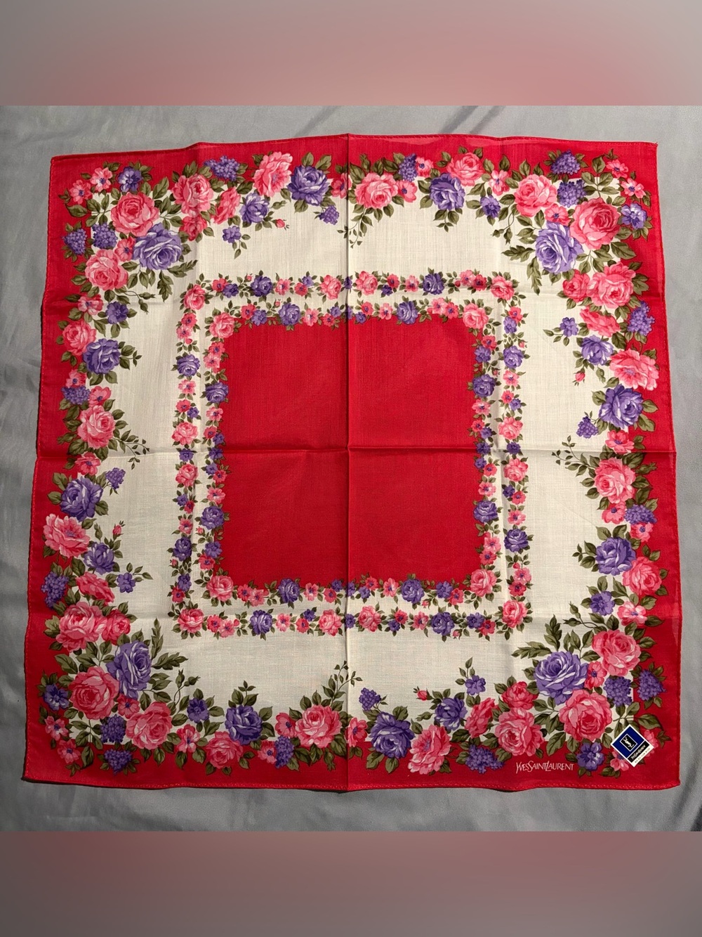 Vintage Yves Saint Laurent YSL Floral Cotton Scarf Handkerchief 18.5” Japan